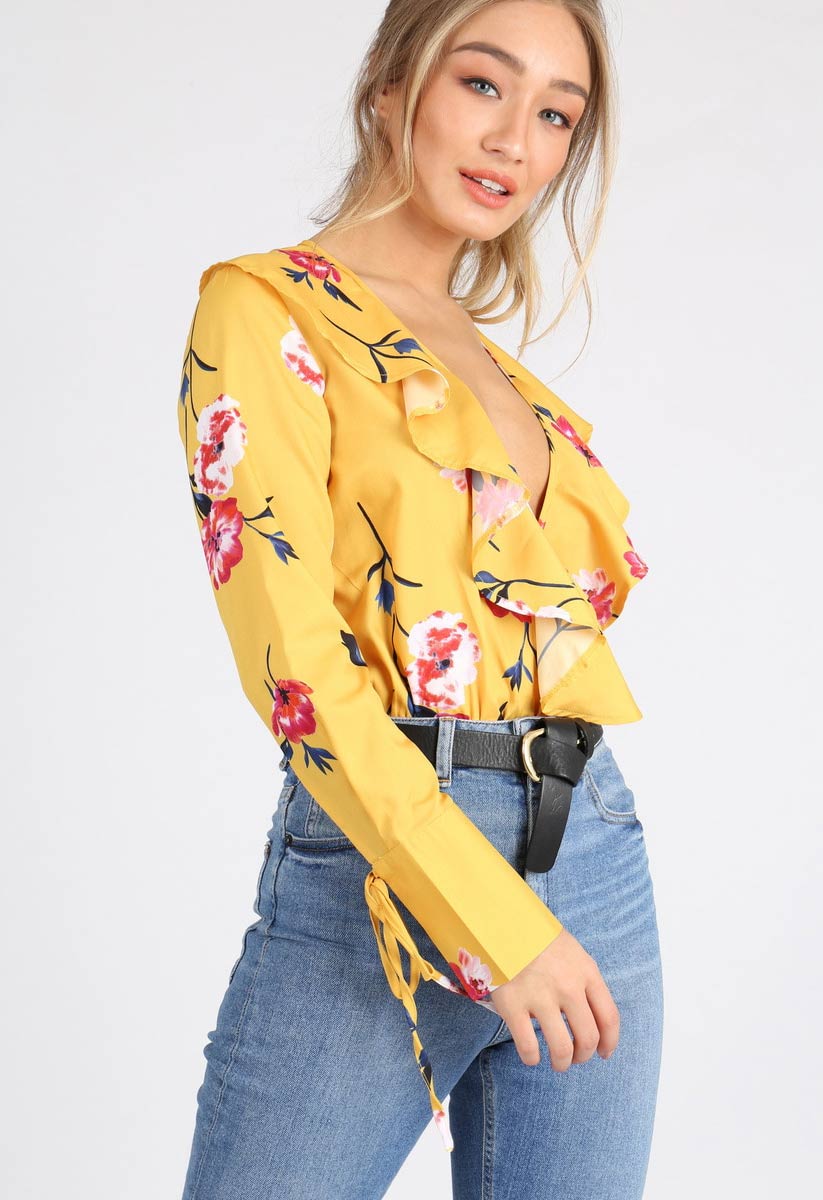 Yellow Floral Ruffle Frill Bodysuit