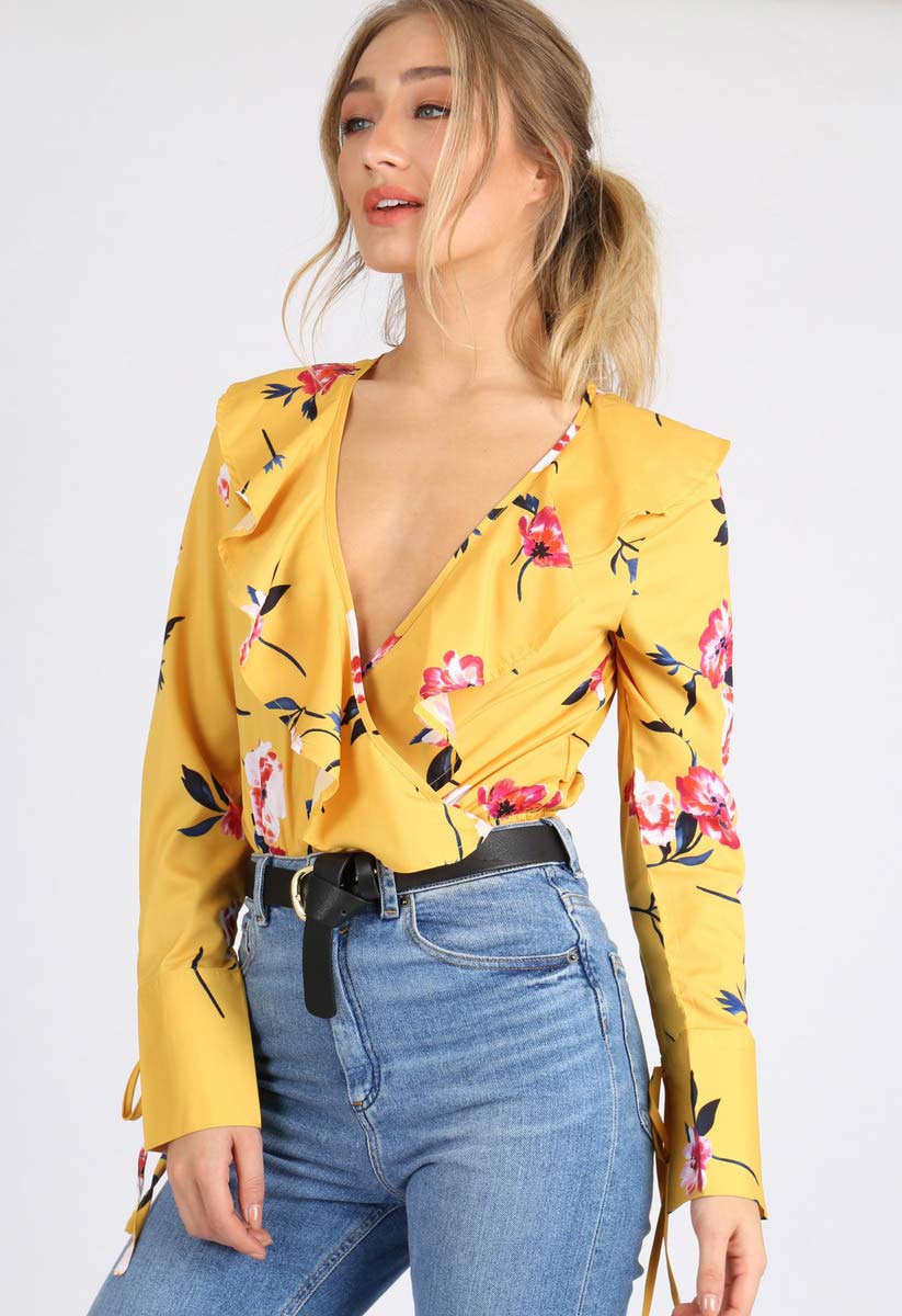 Yellow Floral Ruffle Frill Bodysuit