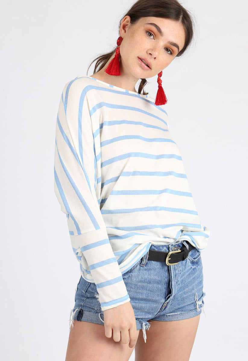 Blue Stripe Jersey Oversized Long Sleeve Dip Hem Batwing Top