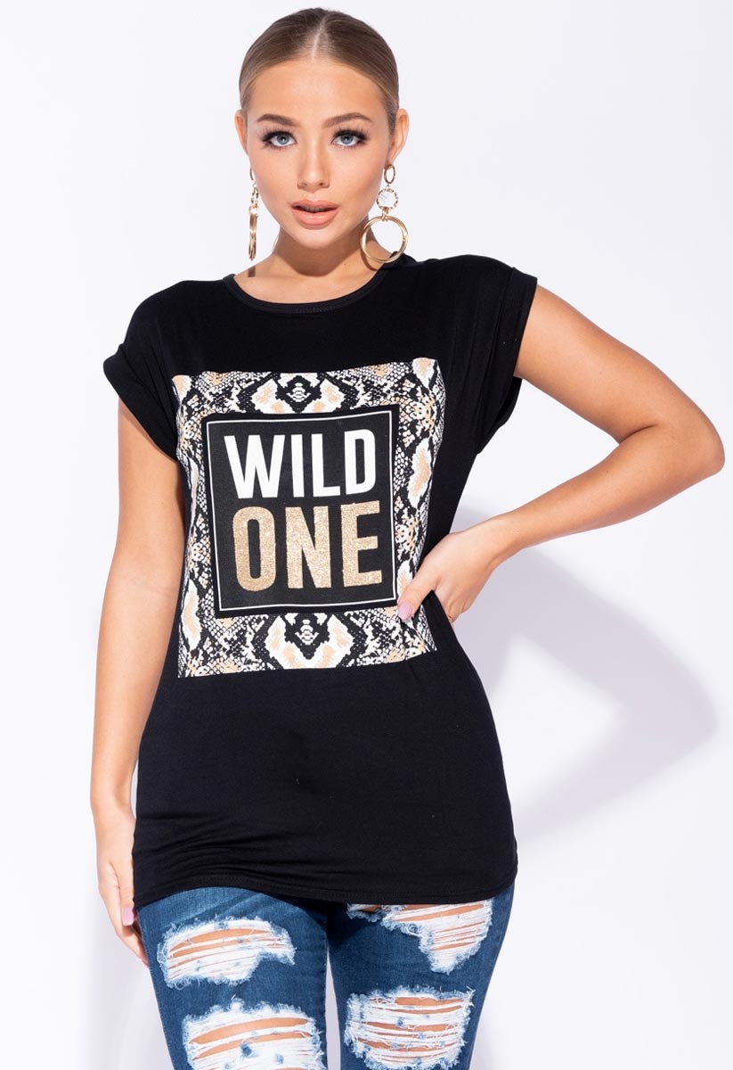 Black Snake Print Wild One Longline T Shirt