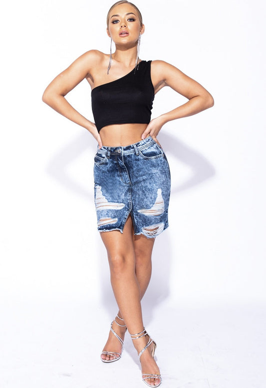 Distressed Frayed Hem Mini Denim Skirt