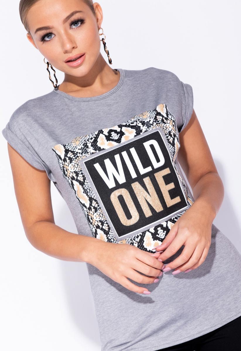 Grey Snake Print Wild One Longline T Shirt