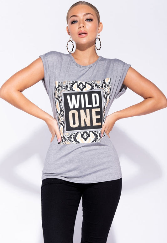 Grey Snake Print Wild One Longline T Shirt