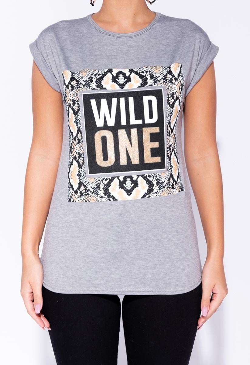 Grey Snake Print Wild One Longline T Shirt