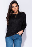 Black Metallic Knit Zip Front Batwing Jumper