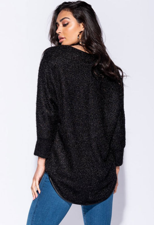 Black Metallic Knit Zip Front Batwing Jumper