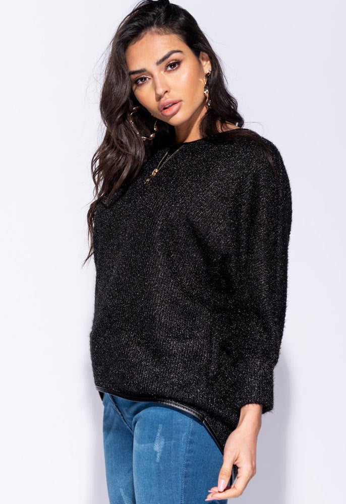 Black Metallic Knit Zip Front Batwing Jumper