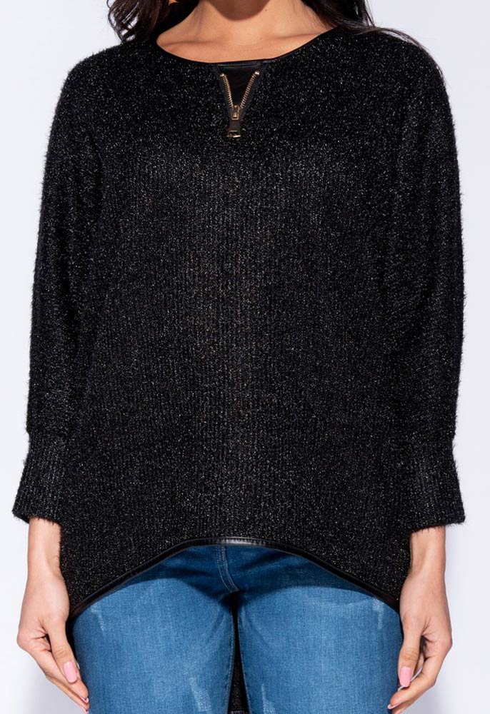 Black Metallic Knit Zip Front Batwing Jumper