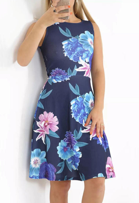 Plus Size Blue Floral Sleeveless Skater Mini Dress