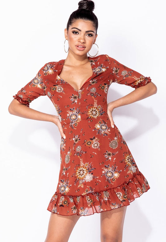 Floral Frill Detail Plunge Neck Flared Mini Dress