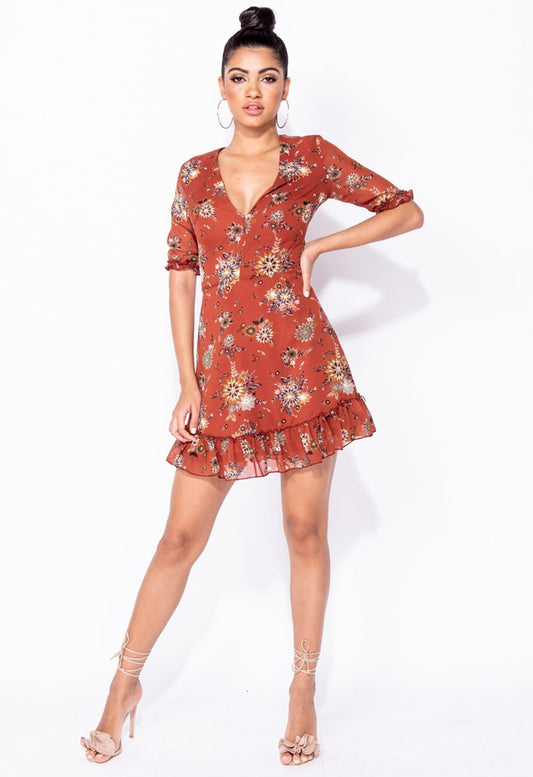 Floral Frill Detail Plunge Neck Flared Mini Dress