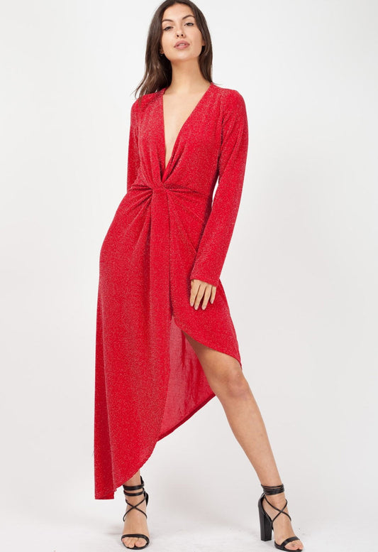 Celeb Kady Red Twist Front Asymmetrical Lurex Maxi Dress