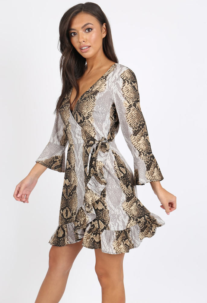 Snake Print Ruffle Hem Mini Dress