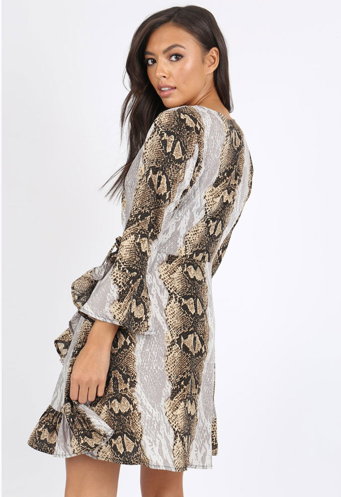 Snake Print Ruffle Hem Mini Dress