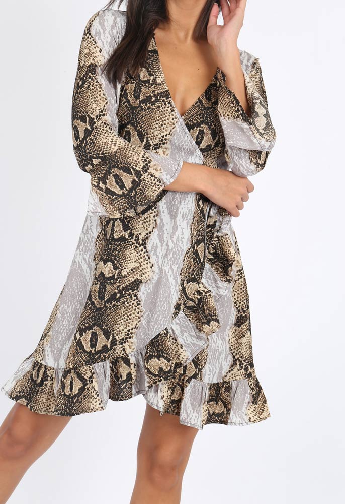 Snake Print Ruffle Hem Mini Dress