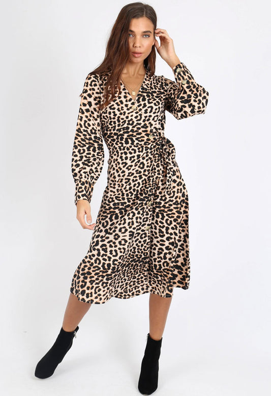 Leopard Print Side Tie Button Wrap Midi Dress