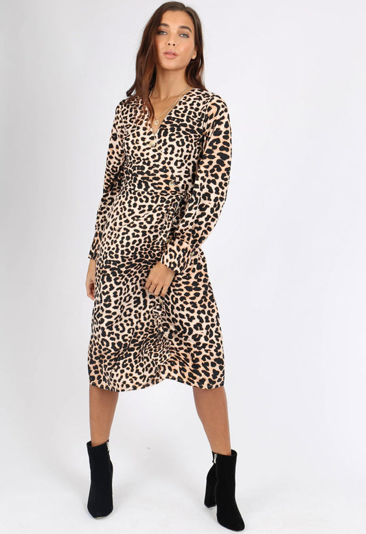 Leopard Print Side Tie Button Wrap Midi Dress