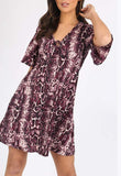 Purple Snake Print Tie Front Babydoll Mini Dress