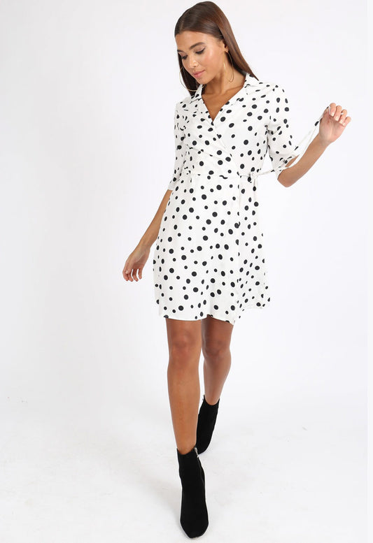 White Polkadot Rever Collar Wrap Mini Dress