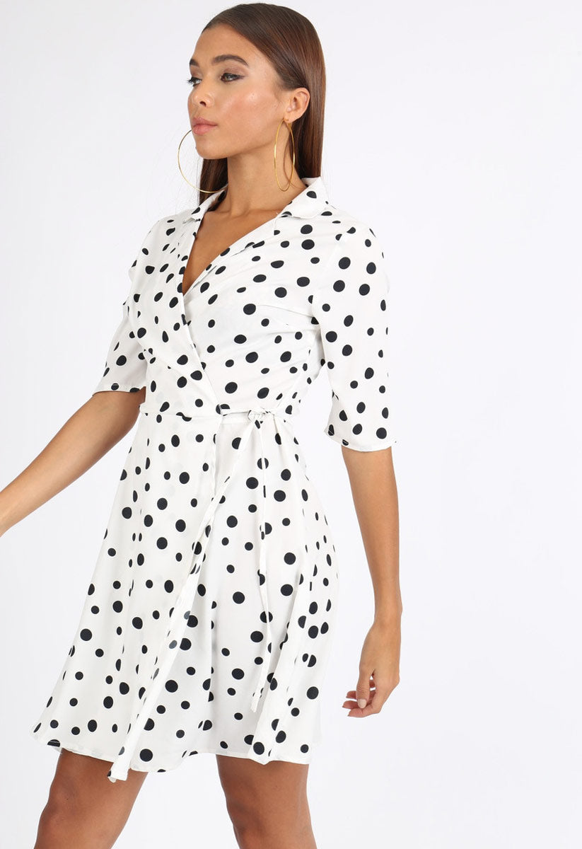 White Polkadot Rever Collar Wrap Mini Dress