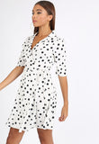 White Polkadot Rever Collar Wrap Mini Dress