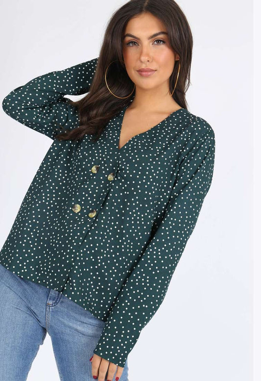 Green Polkadot Double Button Front Blouse