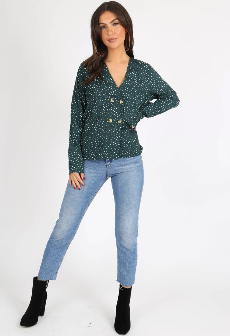 Green Polkadot Double Button Front Blouse