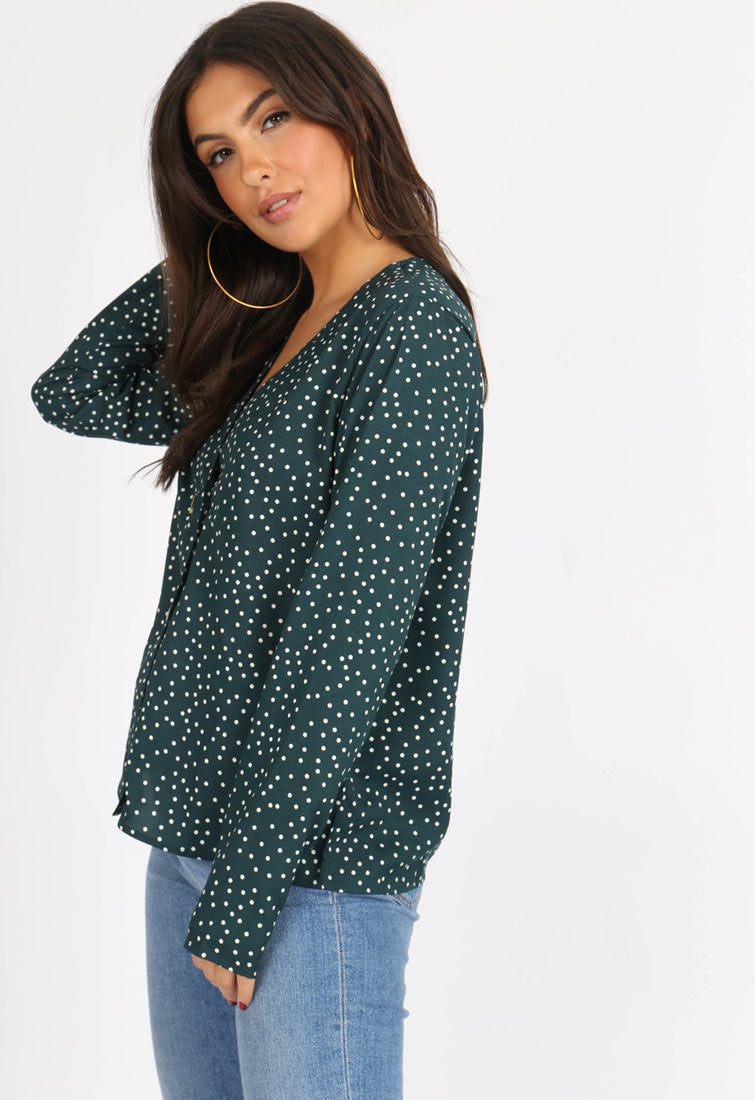 Green Polkadot Double Button Front Blouse