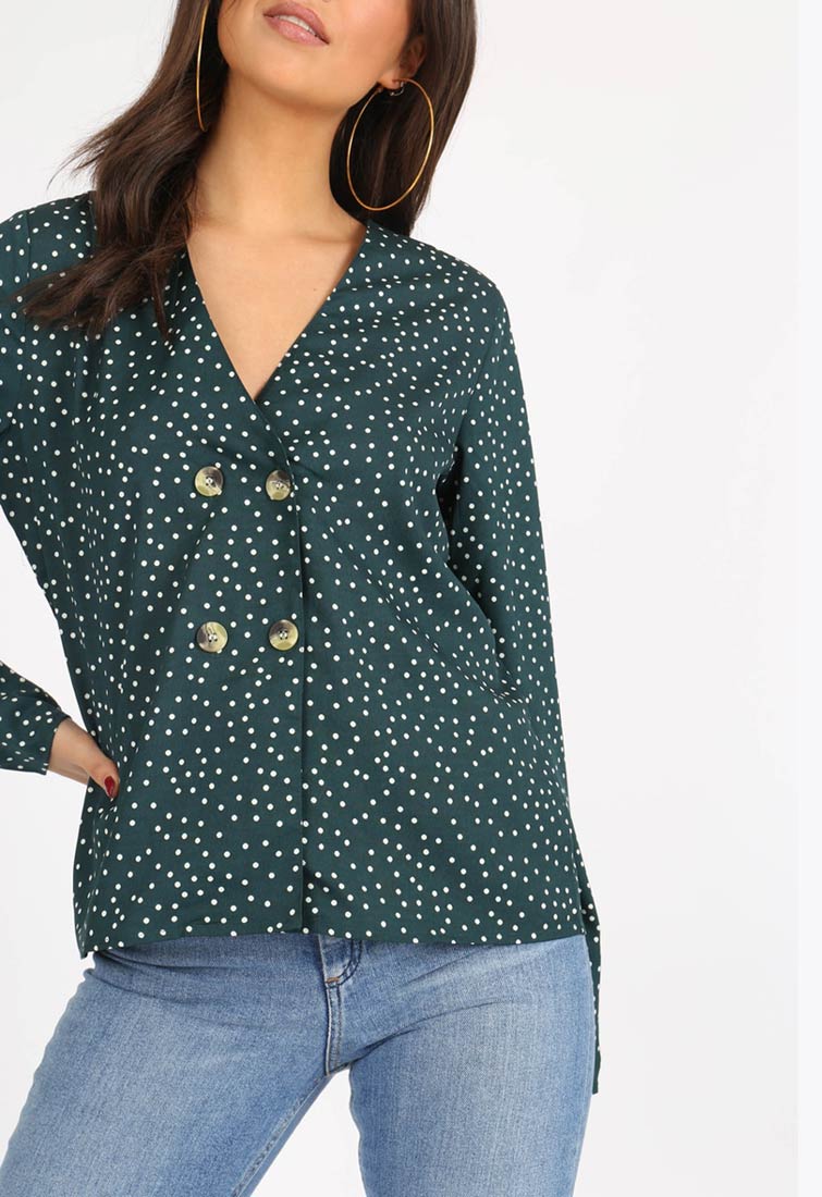 Green Polkadot Double Button Front Blouse