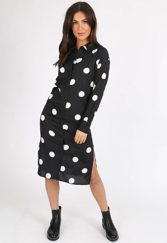 Black Polka Dot Button Down Midi Shirt Dress