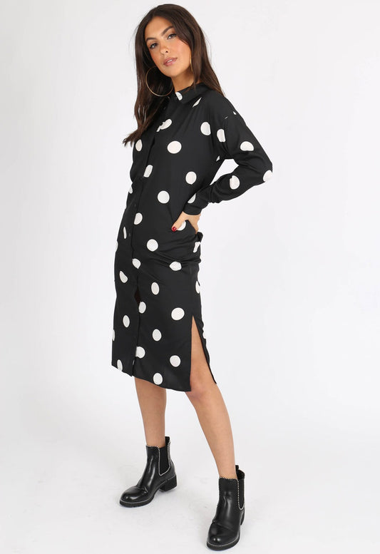 Black Polka Dot Button Down Midi Shirt Dress