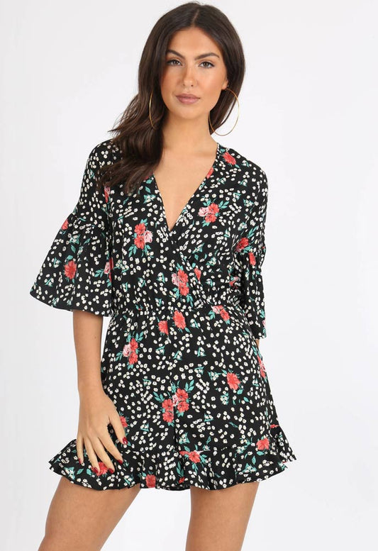 Black Ditsy Floral V Neck Ruffle Hem Playsuit