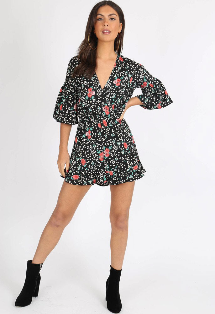 Black Ditsy Floral V Neck Ruffle Hem Playsuit