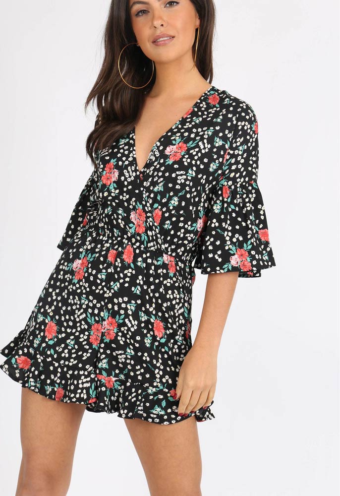 Black Ditsy Floral V Neck Ruffle Hem Playsuit