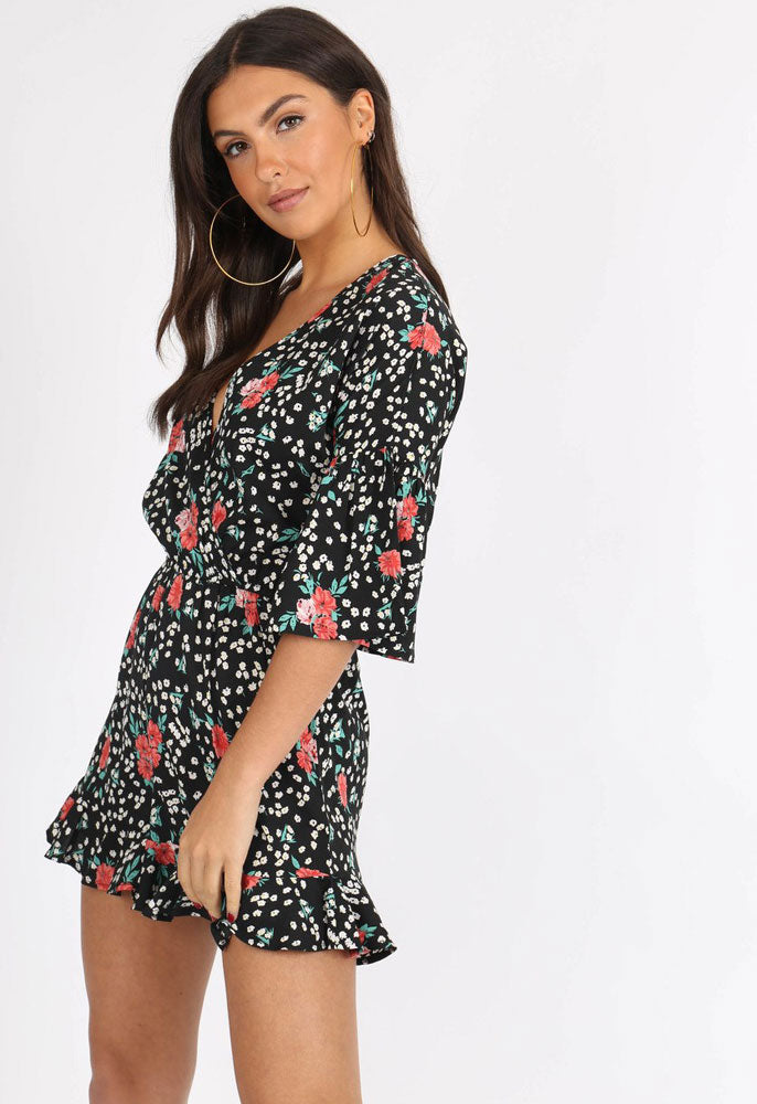 Black Ditsy Floral V Neck Ruffle Hem Playsuit