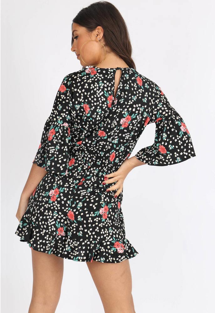 Black Ditsy Floral V Neck Ruffle Hem Playsuit