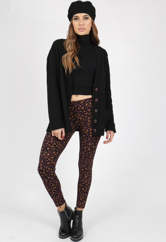 Ditsy Print Black Stretchy Leggings