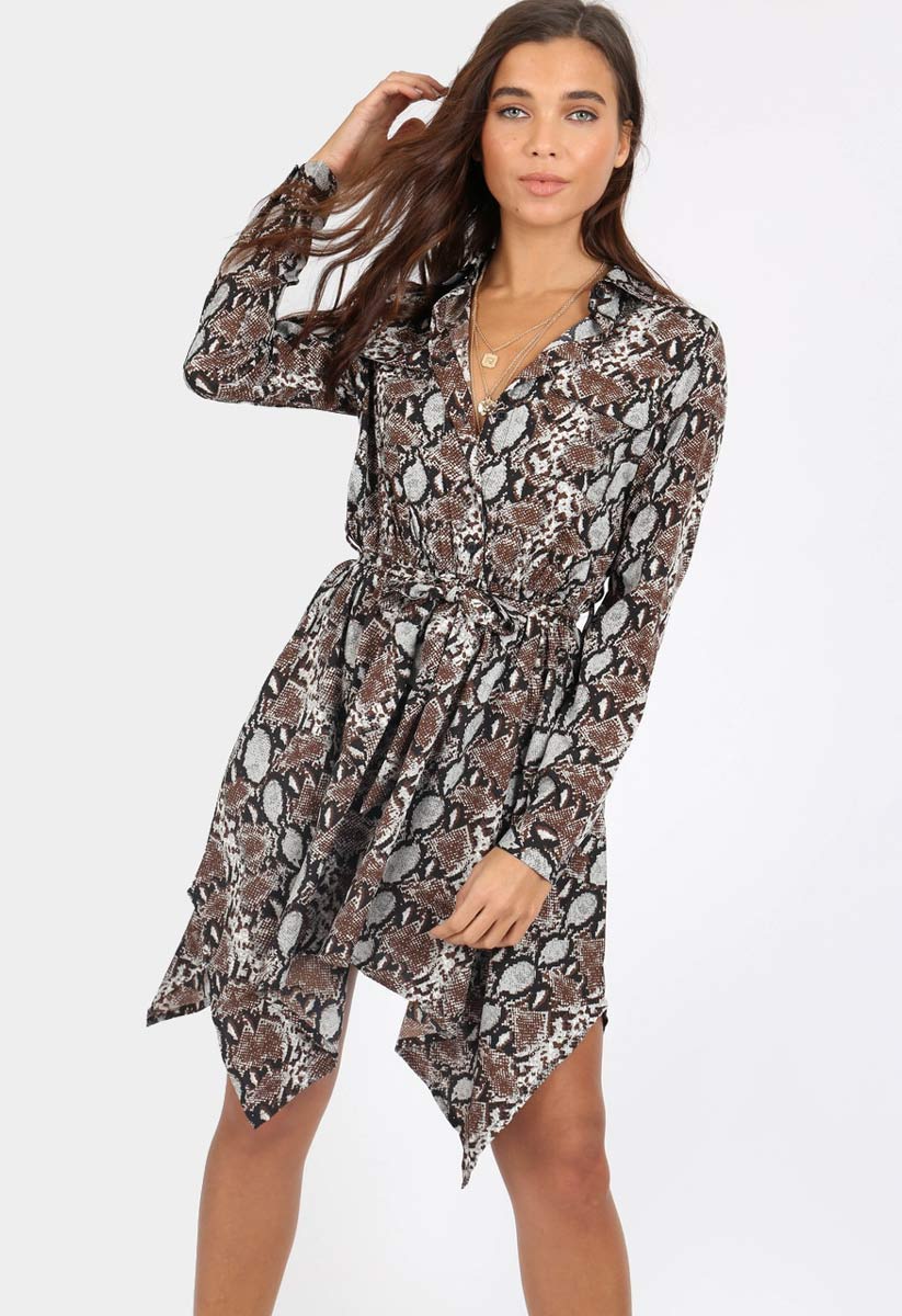 Grey Snake Print Hanky Hem Mini Shirt Dress