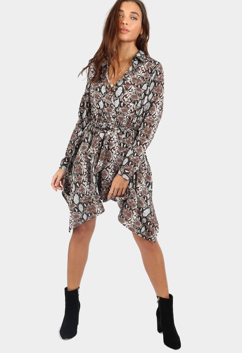 Grey Snake Print Hanky Hem Mini Shirt Dress