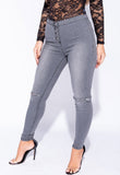 Grey Knee Slit Button Fly Jeggings