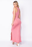 Rose Scoop Neck Side Slit Jersey Maxi Dress