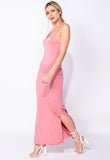 Rose Scoop Neck Side Slit Jersey Maxi Dress