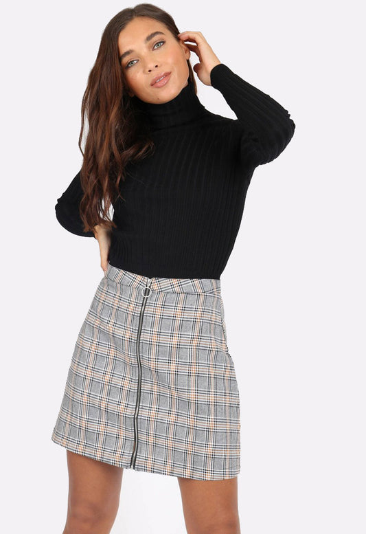 Grey Check Zip Front Mini Skirt