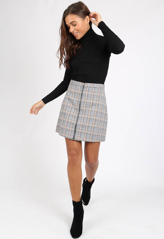 Grey Check Zip Front Mini Skirt