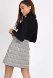 Grey Check Zip Front Mini Skirt