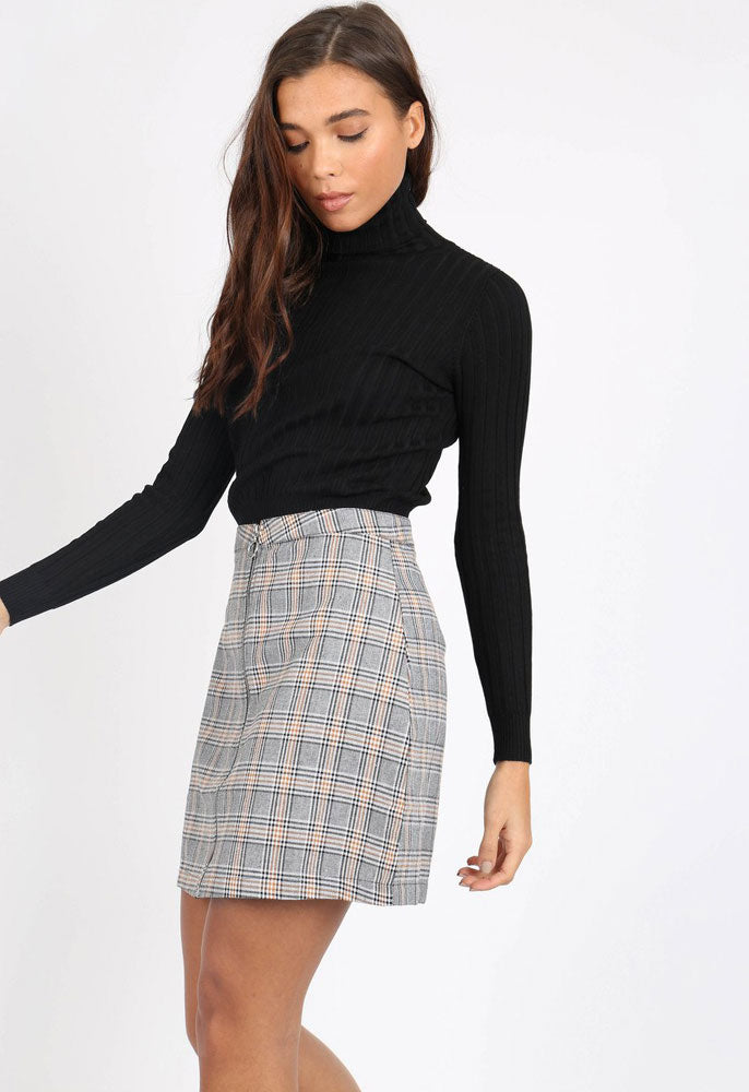 Grey Check Zip Front Mini Skirt