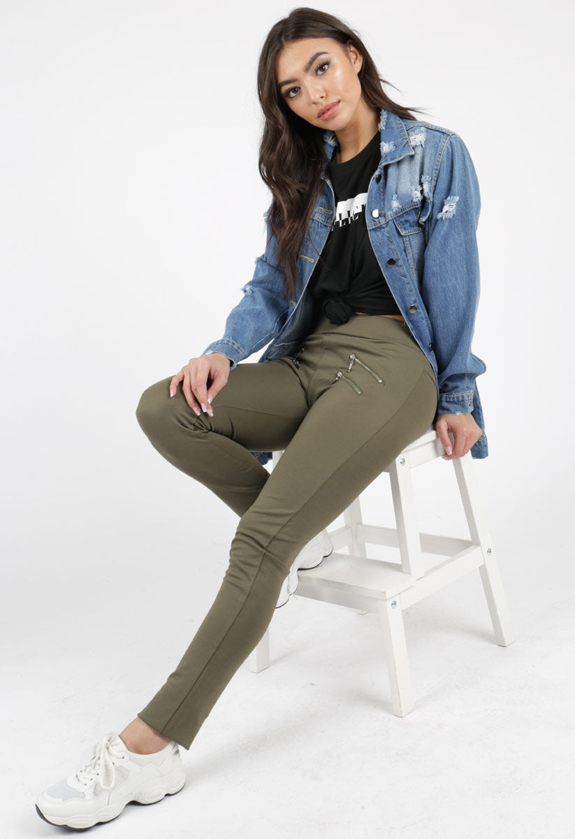 Khaki Front Zip Detail Jeggings