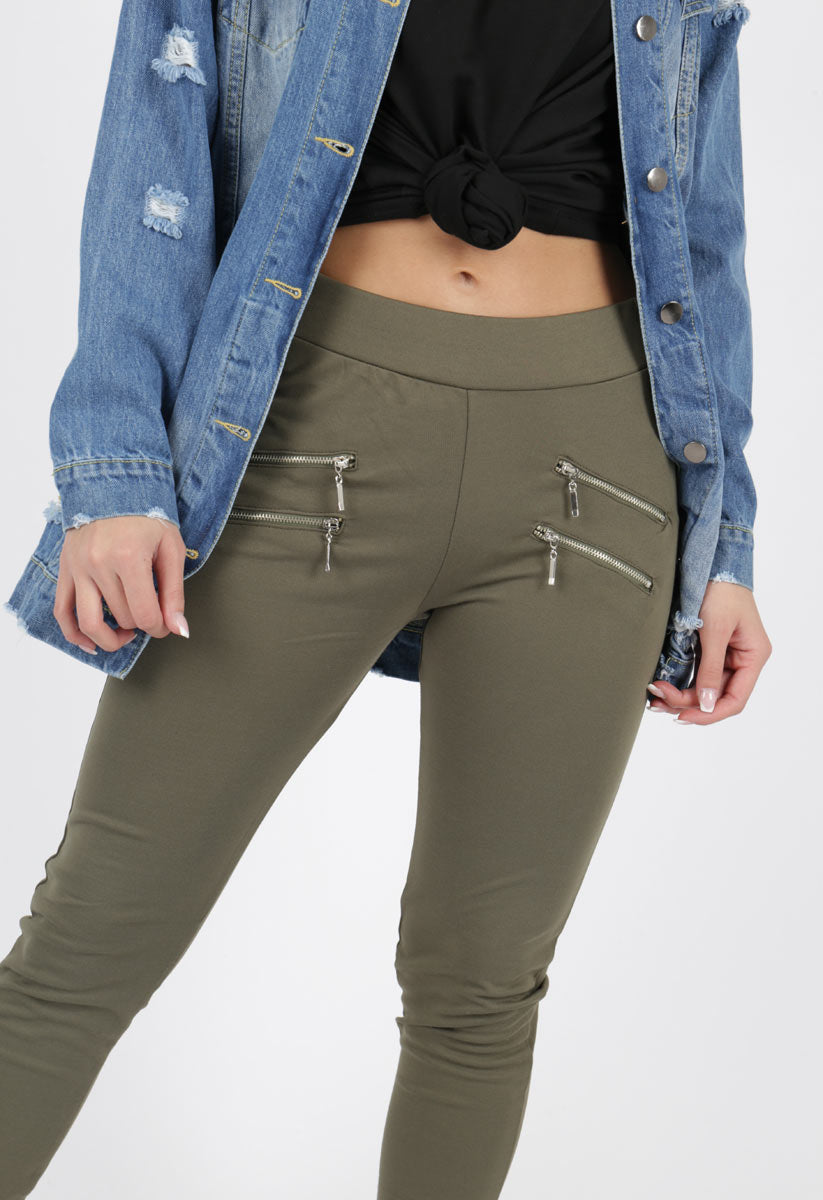 Khaki Front Zip Detail Jeggings