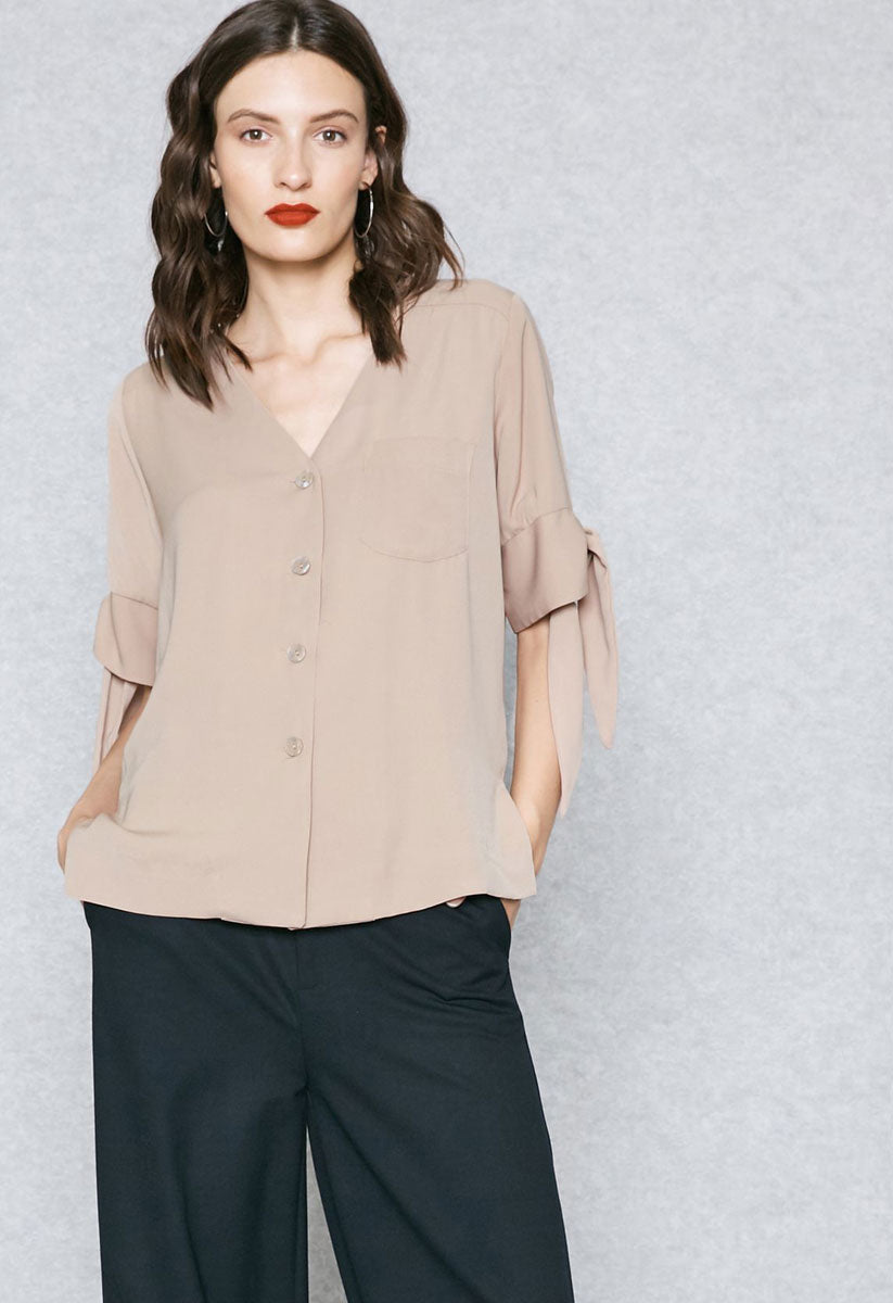 Latte V Neck Blouse with Short Tie Sleeve Detail