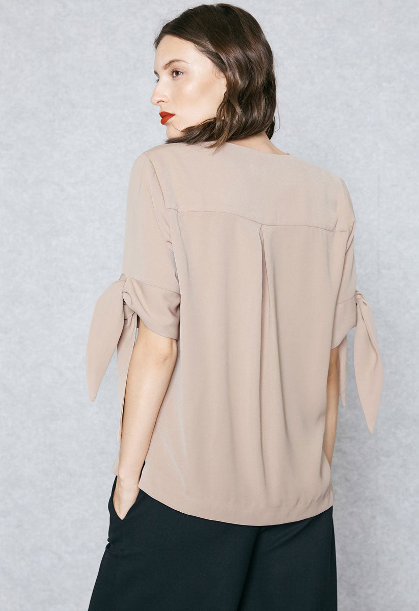 Latte V Neck Blouse with Short Tie Sleeve Detail